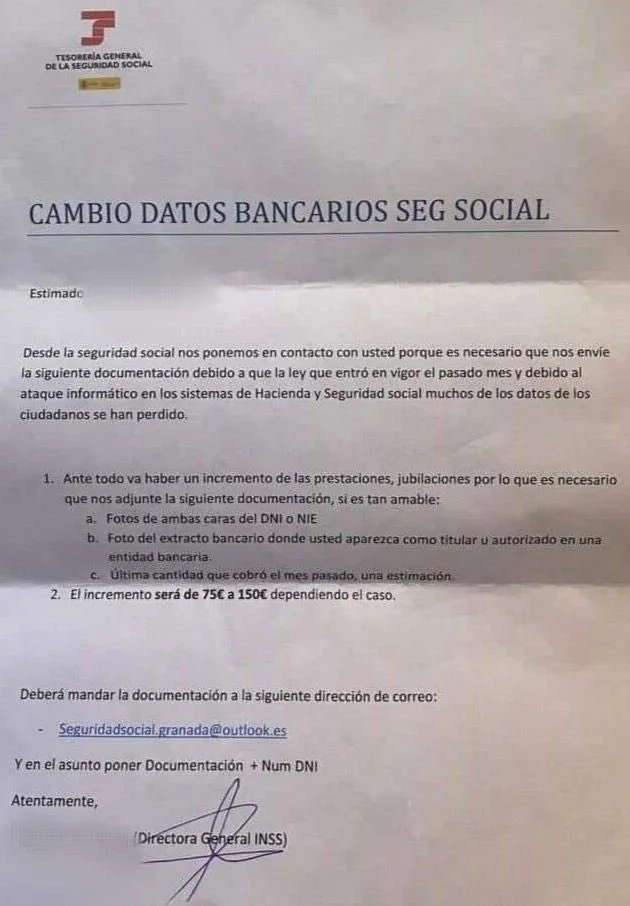 Estructura de la Carta de la Seguridad Social para estafar pensionistas